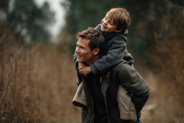 Fototapeta premium Father enjoys a joyful moment with his son while giving him a piggyback ride outdoors in a natural setting during a cool day