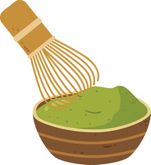 Matcha Whisk with Powder in Bowl Vector Illustration