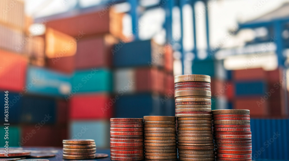 Poster stacks of coins in front of blurred shipping containers illustrating import export finance