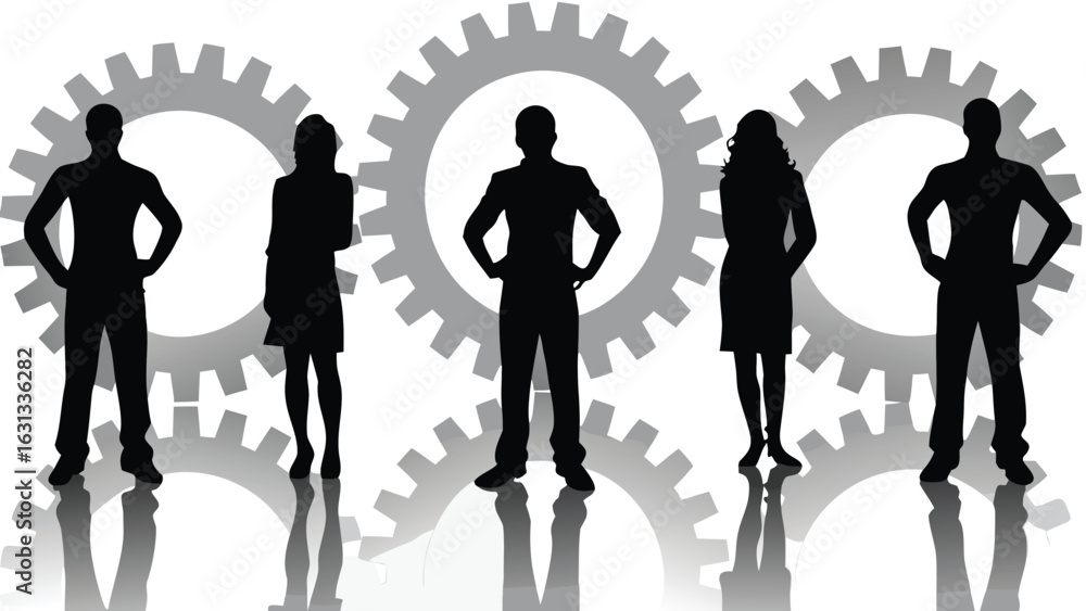 Aufkleber silhouetted figures stand before gears representing teamwork and collaboration in a business setting