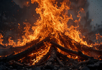 Obraz premium A close-up view of an intense bonfire with vivid flames burning wood at night, Generative AI