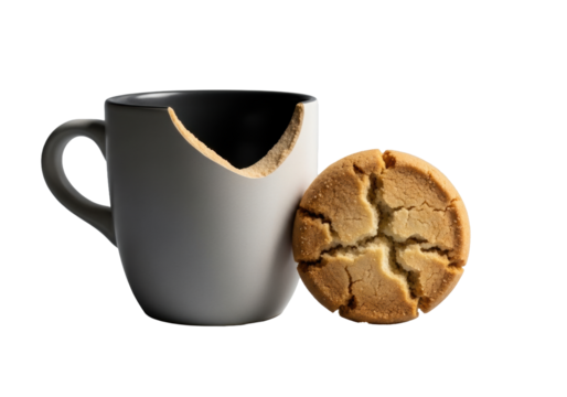 Chipped off-white ceramic mug and dry, cracked shortbread cookie on minimalist transparent surface, softbox lighting, close-up, concept of neglected objects and solitude
