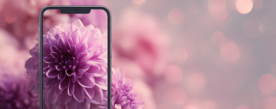 Close-up view of a pink flower captured on a smartphone with a blurred background of blossoms