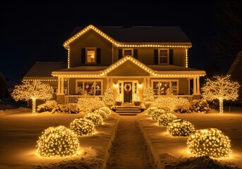 Enchanting home glows with holiday lights in winter