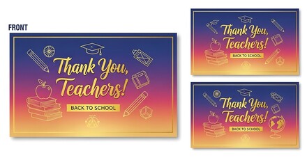 Thank you teachers cards with back to school theme and educational icons on a gradient background