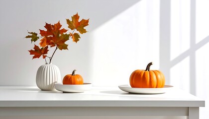Autumn Still Life Pumpkins Maple Leaves in Sunlight Cozy Thanksgiving Decor.