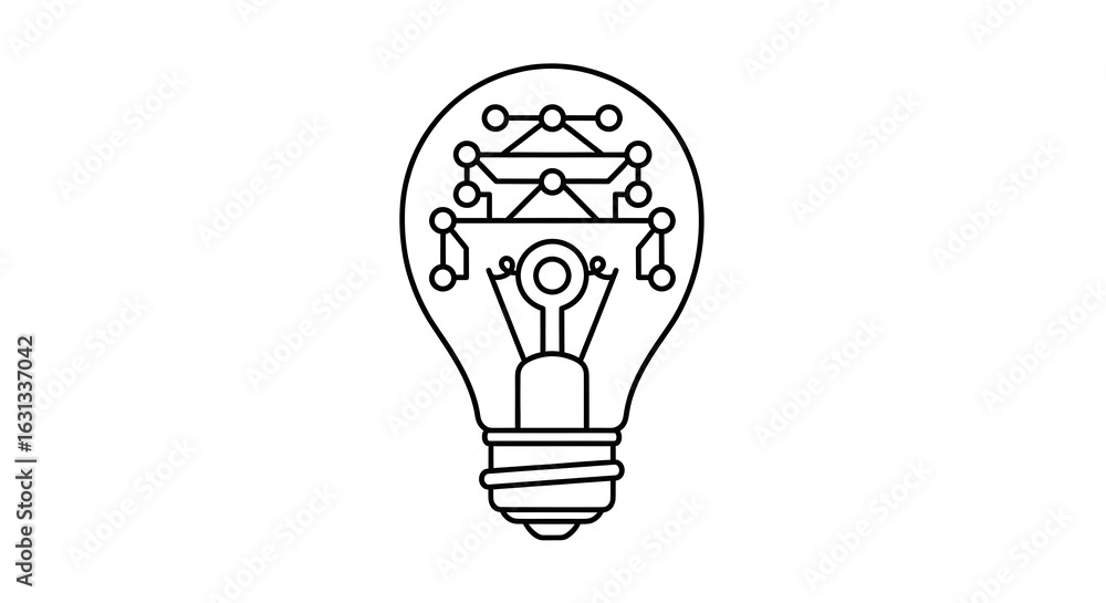 Poster illustration of a lightbulb with circuit board design inside on a white background in line art style