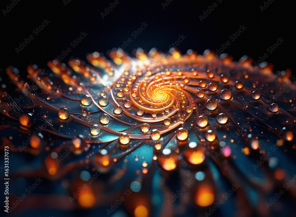 Poster mesmerizing spiral of luminous spheres on a dark background creates an abstract and visually captiva
