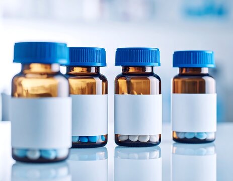 Four amber glass pill bottles with blank white labels and blue caps sit on a reflective surface