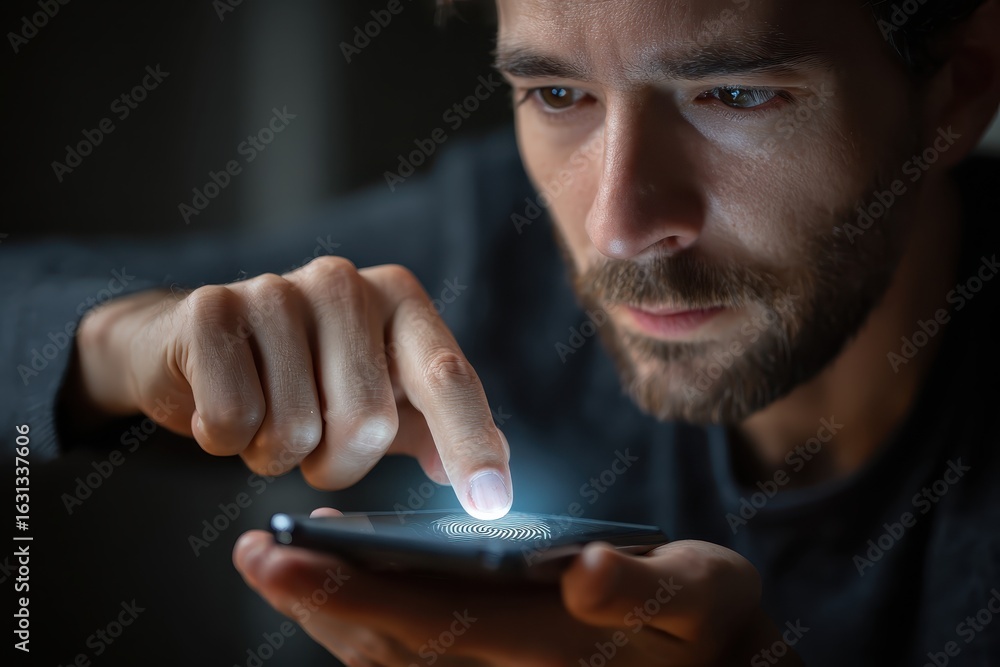 Poster man unlocking smartphone using fingerprint scan sensor in a dimly lit room focusing on technology an