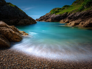 Obraz premium Serene Coastal Landscape with Turquoise Waters and Rocky Cliffs Under Bright Blue Sky