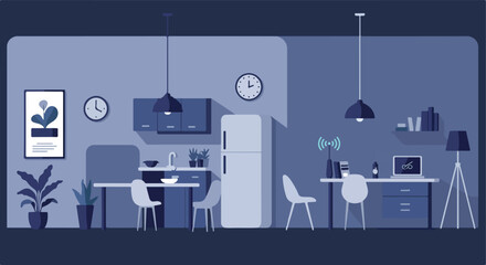 Home office setup connected with wifi in apartment kitchen background