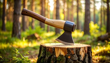 Axe on a Stump in Forest Logging Tool Ready for Wood Chopping Outdoors.