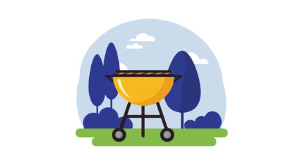 Outdoor yellow grill on grass with trees, sky, and clouds in background