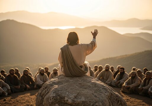 Jesus teaching followers on mountain at sunrise