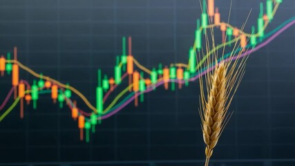 Wheat price chart analysis with mature wheat ear in foreground representing market trends. Wheat price analysis indicates commodity trading and investment insights. - Powered by Adobe