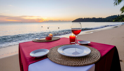 A view of a table set for a romantic dinner on the beach. On the table are glasses of red wine, plates and burning candles. In the background is the ocean with small waves and a stunning sunset. The i