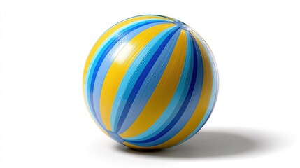 A glossy sphere, predominantly yellow and blue, features broad, striped sections radiating from a central point, casting a subtle shadow on a white background