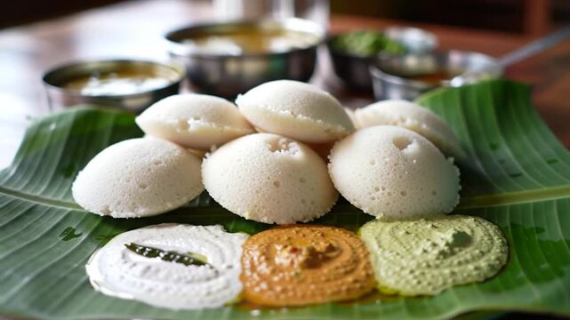 Many Idli idly sambar coconut chutney , tomato chutney serving breakfast vegetarian food South Indian restaurant Kerala Tamil Nadu India Sri Lanka banana leaf 4K slow motion video. steamed rice cakes