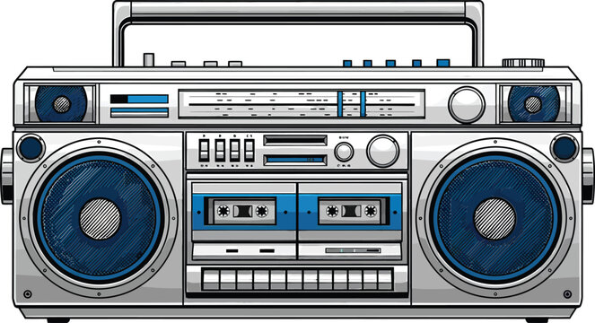 Retro Y2K boombox ghetto blaster with dual cassette deck vector art.