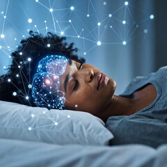 A woman sleeps peacefully, a digital brain overlay depicts active neural connections during REM sleep