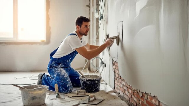 Skilled plasterer applies plaster to wall in construction site, plasterer smoothing plaster to create smooth surface. Experienced plasterer working with plaster to ensure quality,