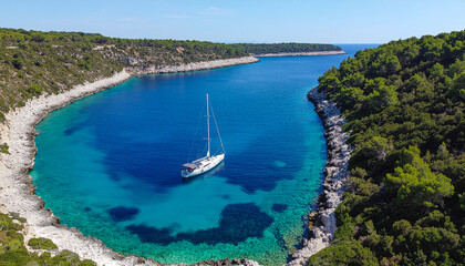 An aerial view of a sailing yacht moored in a calm, picturesque bay. The water is crystal clear and has an incredibly beautiful turquoise hue. The bay is surrounded by rocky shores covered with thick 