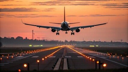Airplane landing at sunset travel and tourism stock photo