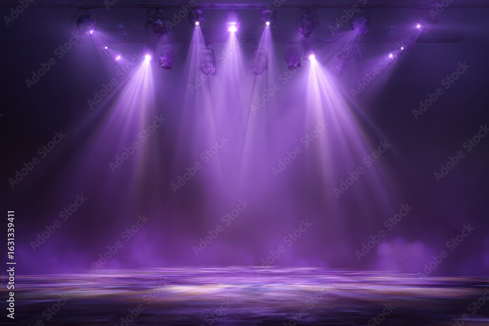 Poster purple stage background filled with vibrant lights and mist creates an atmospheric setting for a per