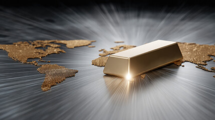 Glowing gold bar world map wealth investment finance luxury precious metal economic power prosperity radiant light