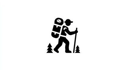 Obraz premium Black silhouette of a hiker with a large backpack, walking with trekking poles in a landscape with small trees