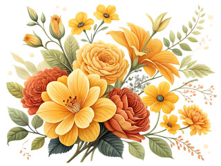 Yellow and orange flower bouquet in watercolor, isolated on transparent background.