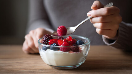 person enjoys bowl of yogurt topped with fresh berries