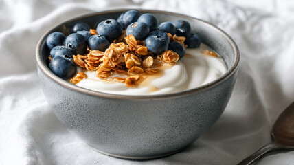 Creamy yogurt topped with fresh blueberries and crunchy granola