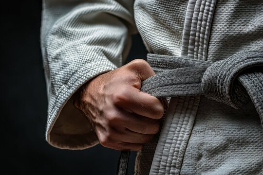 Closeup of a caucasian man's hand tying a martial arts belt in a focused setting, showcasing technique and dedication to the practice