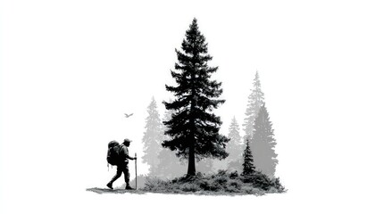 Silhouette of a hiker walking through a forest