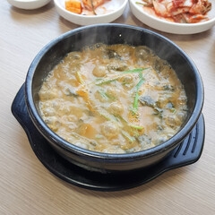 A close-up of a bowl of spicy loach soup (chueo-tang), a savory and wholesome Korean dish.