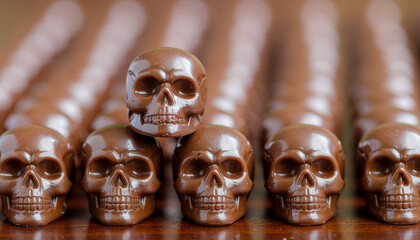 A close-up of a row of skull-shaped chocolates lined up in a single row. In the center of the composition, one skull rests on top of two others, creating a small mound. The image is focused on the for