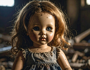 A close-up of an old, dirty and shabby doll with big blue eyes that seems a bit creepy. The doll has a dirty face and hair, and her clothes are torn. There are some blurry debris and rubbish in the ba