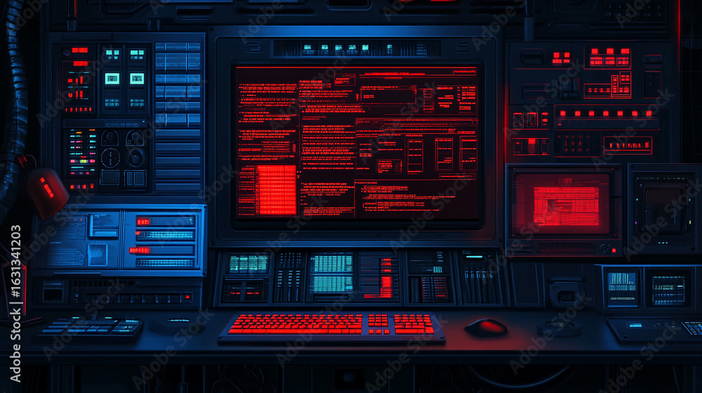 Poster retro futuristic computer workstation with red and blue lighting showing complex code and numerous c