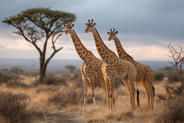 Obraz premium Giraffes gracefully roaming the African savannah in Serengeti National Park during a serene twilight hour