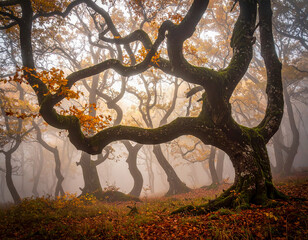 An atmospheric and fairytale landscape of an autumn forest, shrouded in thick fog. In the center of the composition is an old, twisted and moss-covered tree with curved branches resembling dancing fig