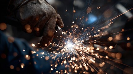 Bright welding sparks flying from tool in intense metalwork close-up