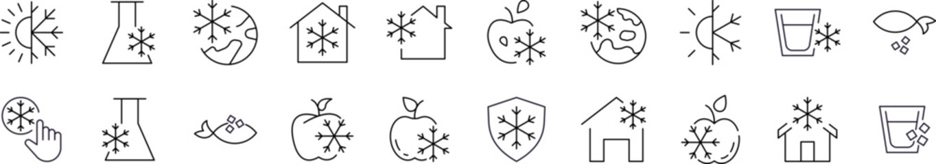 Simple Linear Icon of Cold and Frozen. Lab Bulb, House, Planet, Apple, Fish Minimalistic Linear Pictogram for Web and Graphic Design, Apps, Banners, Social Network and Cards