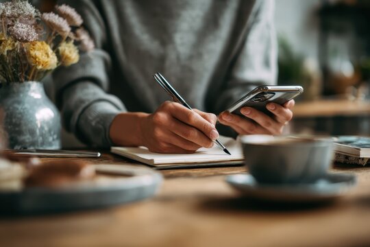 Freelancer in a cozy cafe using smartphone to jot down notes while enjoying a hot beverage in the morning light