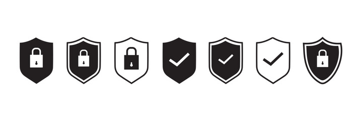 shield with lock icon. Set of security shield icons. Privacy secure sign vector.