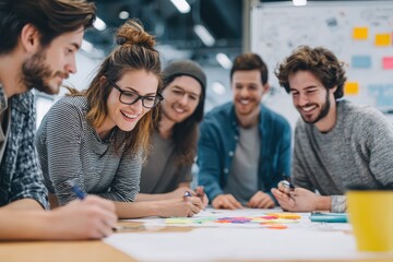 Creative team brainstorming session in a modern office during daytime with enthusiastic designers collaborating on ideas and solutions