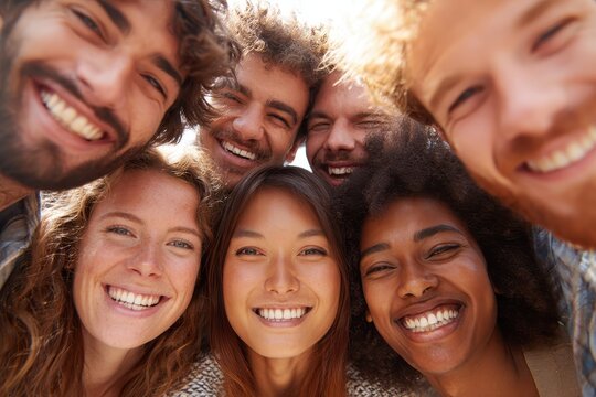 Group of diverse friends smiling and enjoying quality time together outdoors during a sunny day