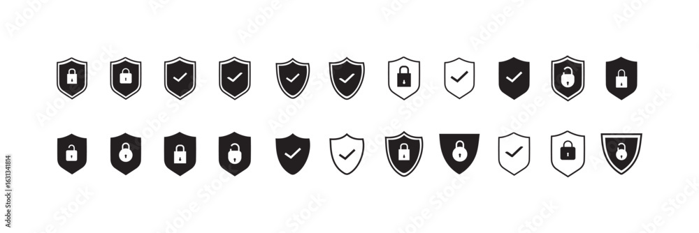 Poster security shield icons, security shields logotypes with check mark and padlock. safety shield symbols
