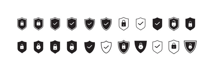 Security shield icons, security shields logotypes with check mark and padlock. Safety shield symbols. Vector illustration.